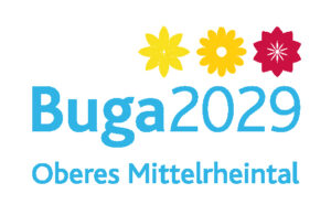Hier ist das Logo der Buga2029 Oberes Mittelrheintal zu sehen, es besteht aus mehreren Farben. Blau, gelb, orange und rot